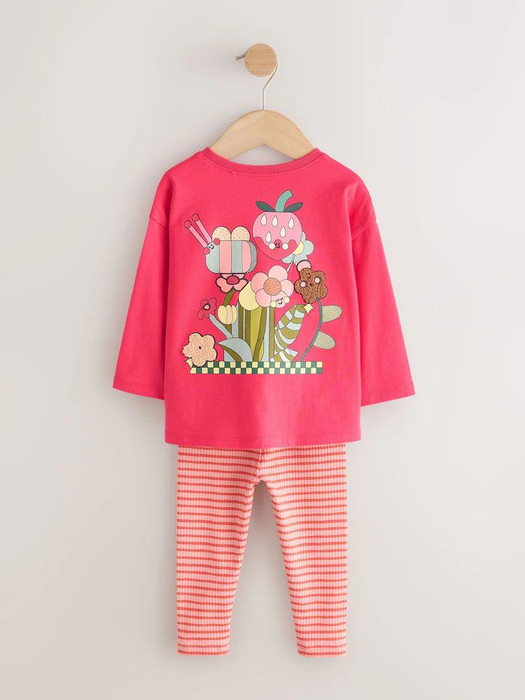 |Girl| Conjunto De Blusa De Manga Longa e Legging Rosa-Vivo (3 meses a 7 anos)