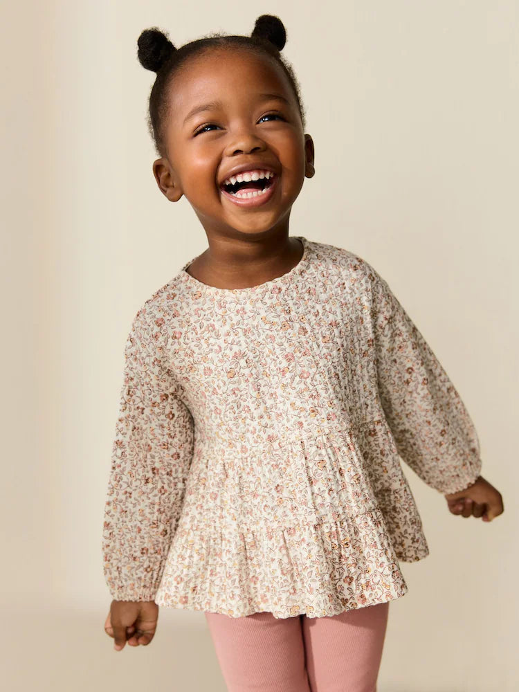 |Girl| Conjunto De Blusa De Manga Comprida e Leggings Com Estampa Floral Miúda Em Tons Neutros (3 meses a 7 anos)