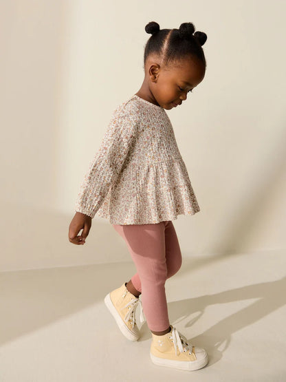 |Girl| Conjunto De Blusa De Manga Comprida e Leggings Com Estampa Floral Miúda Em Tons Neutros (3 meses a 7 anos)