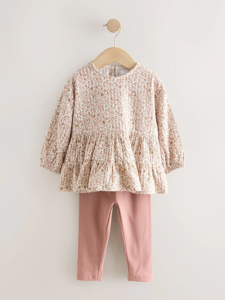 |Girl| Conjunto De Blusa De Manga Comprida e Leggings Com Estampa Floral Miúda Em Tons Neutros (3 meses a 7 anos)