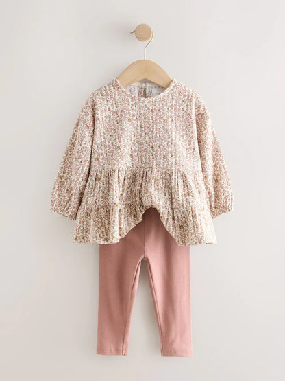 |Girl| Conjunto De Blusa De Manga Comprida e Leggings Com Estampa Floral Miúda Em Tons Neutros (3 meses a 7 anos)