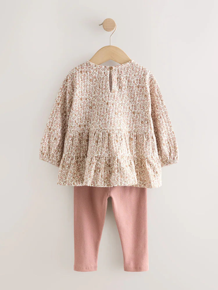 |Girl| Conjunto De Blusa De Manga Comprida e Leggings Com Estampa Floral Miúda Em Tons Neutros (3 meses a 7 anos)