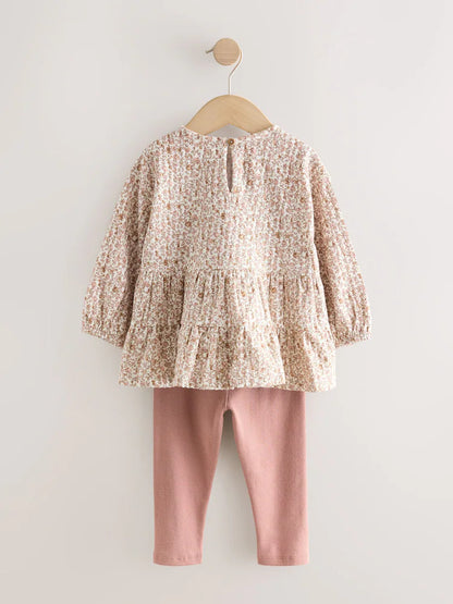|Girl| Conjunto De Blusa De Manga Comprida e Leggings Com Estampa Floral Miúda Em Tons Neutros (3 meses a 7 anos)