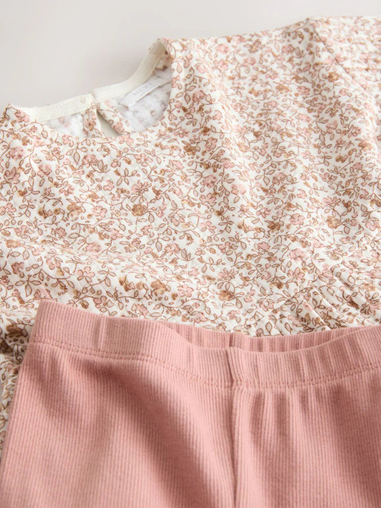 |Girl| Conjunto De Blusa De Manga Comprida e Leggings Com Estampa Floral Miúda Em Tons Neutros (3 meses a 7 anos)