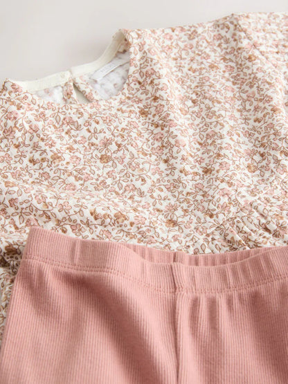 |Girl| Conjunto De Blusa De Manga Comprida e Leggings Com Estampa Floral Miúda Em Tons Neutros (3 meses a 7 anos)