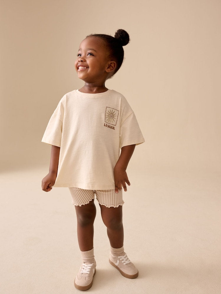 |Girl| Conjunto De Camiseta De Manga Curta e Shorts De Ciclismo Cor Cru (3 meses a 7 anos)