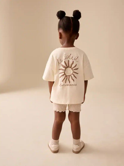 |Girl| Conjunto De Camiseta De Manga Curta e Shorts De Ciclismo Cor Cru (3 meses a 7 anos)