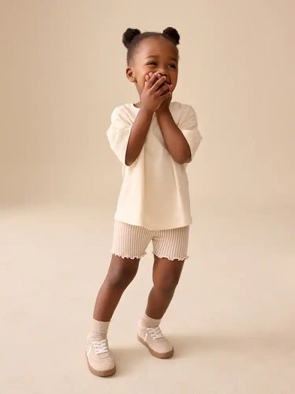 |Girl| Conjunto De Camiseta De Manga Curta e Shorts De Ciclismo Cor Cru (3 meses a 7 anos)