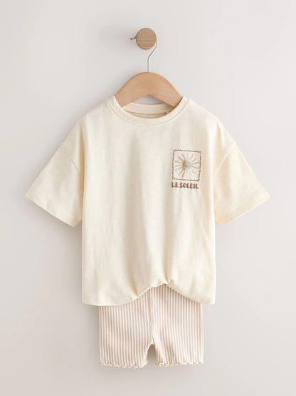 |Girl| Conjunto De Camiseta De Manga Curta e Shorts De Ciclismo Cor Cru (3 meses a 7 anos)
