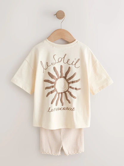 |Girl| Conjunto De Camiseta De Manga Curta e Shorts De Ciclismo Cor Cru (3 meses a 7 anos)