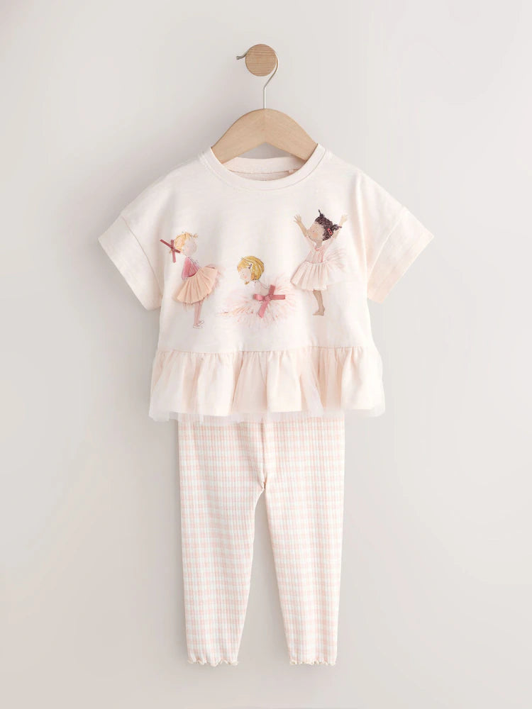 |Girl| Conjunto De Camiseta Peplum De Manga Curta e Legging Rosa Estilo Bailarina (3 meses a 7 anos)