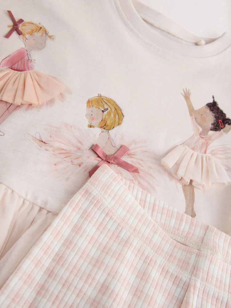 |Girl| Conjunto De Camiseta Peplum De Manga Curta e Legging Rosa Estilo Bailarina (3 meses a 7 anos)