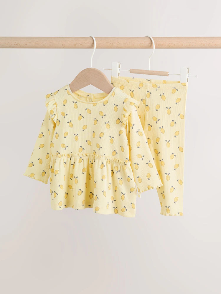|BabyGirl| Conjunto De Blusa De Manga Comprida Com Babados e Calça Legging Para Bebê, Na Cor Amarelo Limão (0 meses a 2 anos)