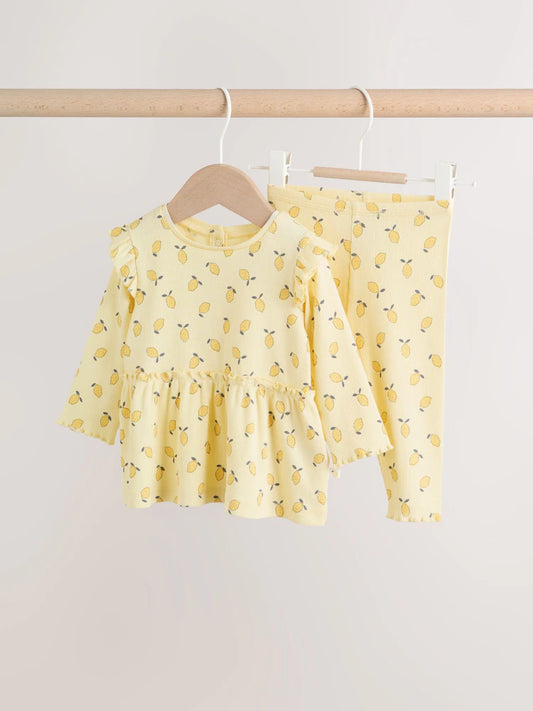 |BabyGirl| Conjunto De Blusa De Manga Comprida Com Babados e Calça Legging Para Bebê, Na Cor Amarelo Limão (0 meses a 2 anos)