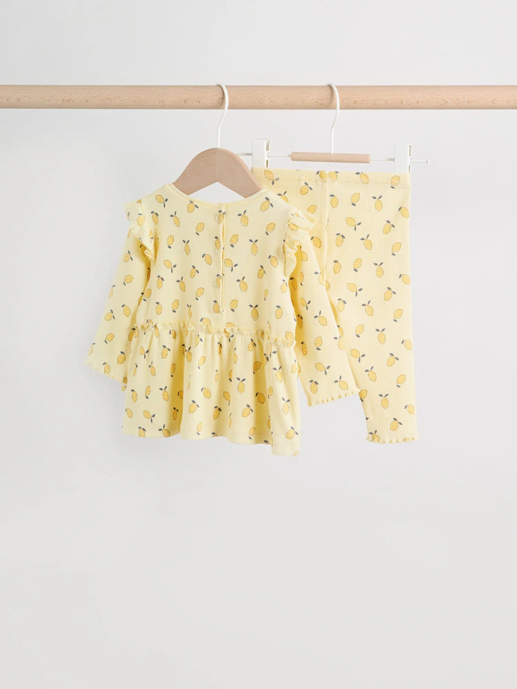 |BabyGirl| Conjunto De Blusa De Manga Comprida Com Babados e Calça Legging Para Bebê, Na Cor Amarelo Limão (0 meses a 2 anos)