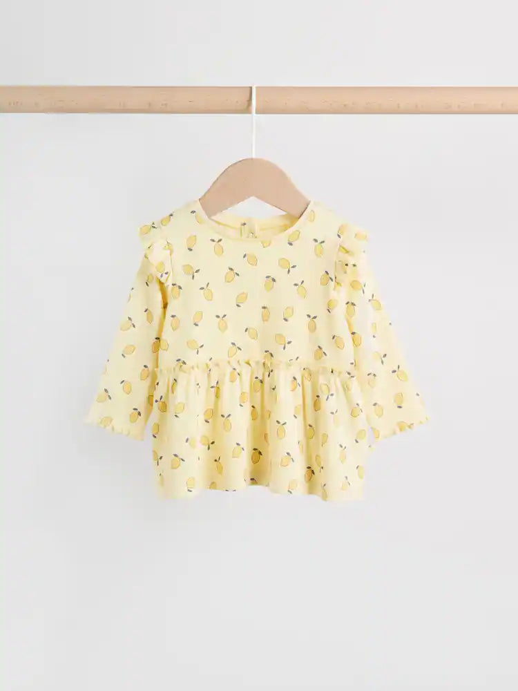 |BabyGirl| Conjunto De Blusa De Manga Comprida Com Babados e Calça Legging Para Bebê, Na Cor Amarelo Limão (0 meses a 2 anos)