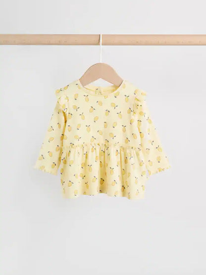 |BabyGirl| Conjunto De Blusa De Manga Comprida Com Babados e Calça Legging Para Bebê, Na Cor Amarelo Limão (0 meses a 2 anos)