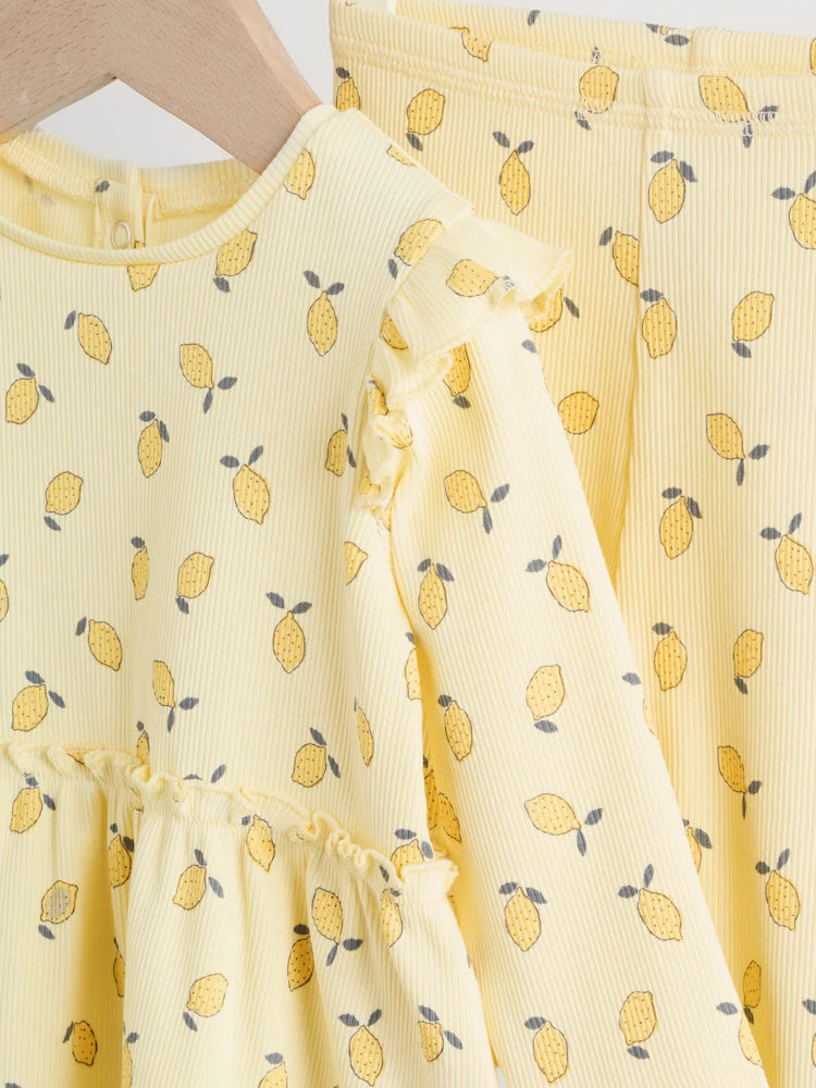 |BabyGirl| Conjunto De Blusa De Manga Comprida Com Babados e Calça Legging Para Bebê, Na Cor Amarelo Limão (0 meses a 2 anos)