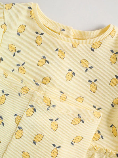 |BabyGirl| Conjunto De Blusa De Manga Comprida Com Babados e Calça Legging Para Bebê, Na Cor Amarelo Limão (0 meses a 2 anos)