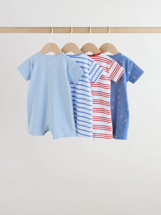 |BabyBoy| Conjunto Com 4 Macacões De Bebê Em Malha Azul Com Estampa Náutica