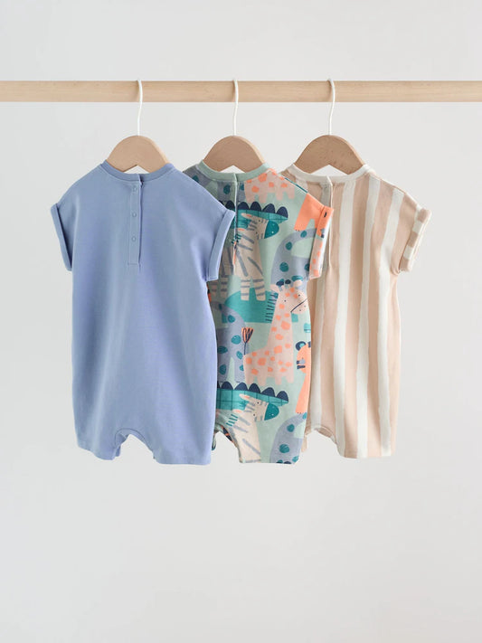 |BabyBoy| Conjunto Com 3 Macacões De Bebê Em Malha Azul Estilo Safari.