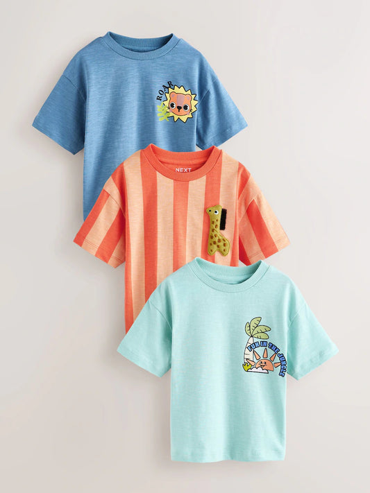 |Boy| Conjunto De 3 Camisetas Estampadas De Manga Curta Com Tema Safari Na Cor Laranja (3 meses a 7 anos)