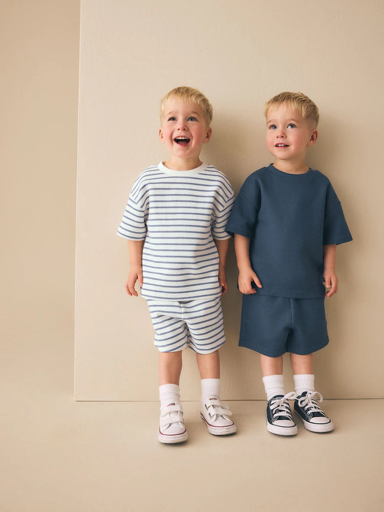 |Boy| Conjunto De Camiseta De Manga Curta e Shorts Listrados Em Azul e Branco (2 peças, tamanhos de 3 meses a 7 anos)