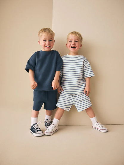 |Boy| Conjunto De Camiseta De Manga Curta e Shorts Listrados Em Azul e Branco (2 peças, tamanhos de 3 meses a 7 anos)