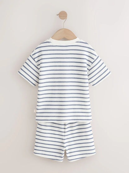 |Boy| Conjunto De Camiseta De Manga Curta e Shorts Listrados Em Azul e Branco (2 peças, tamanhos de 3 meses a 7 anos)