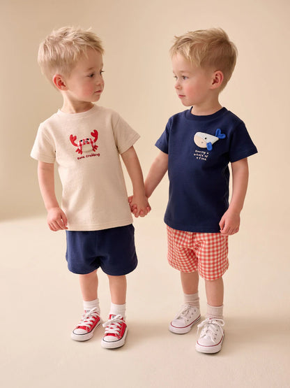 |Boy| Conjunto De Camiseta De Manga Curta e Shorts Acolchoados Com Estampa De Animais marinhos em tons de azul marinho e creme (2 peças)