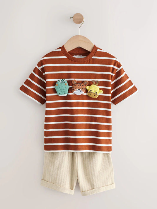 |Boy| Conjunto De Camiseta De Manga Curta e Shorts Acolchoados Com Estampa De Animais Em Listras Marrom Ferrugem (3 meses a 7 anos)