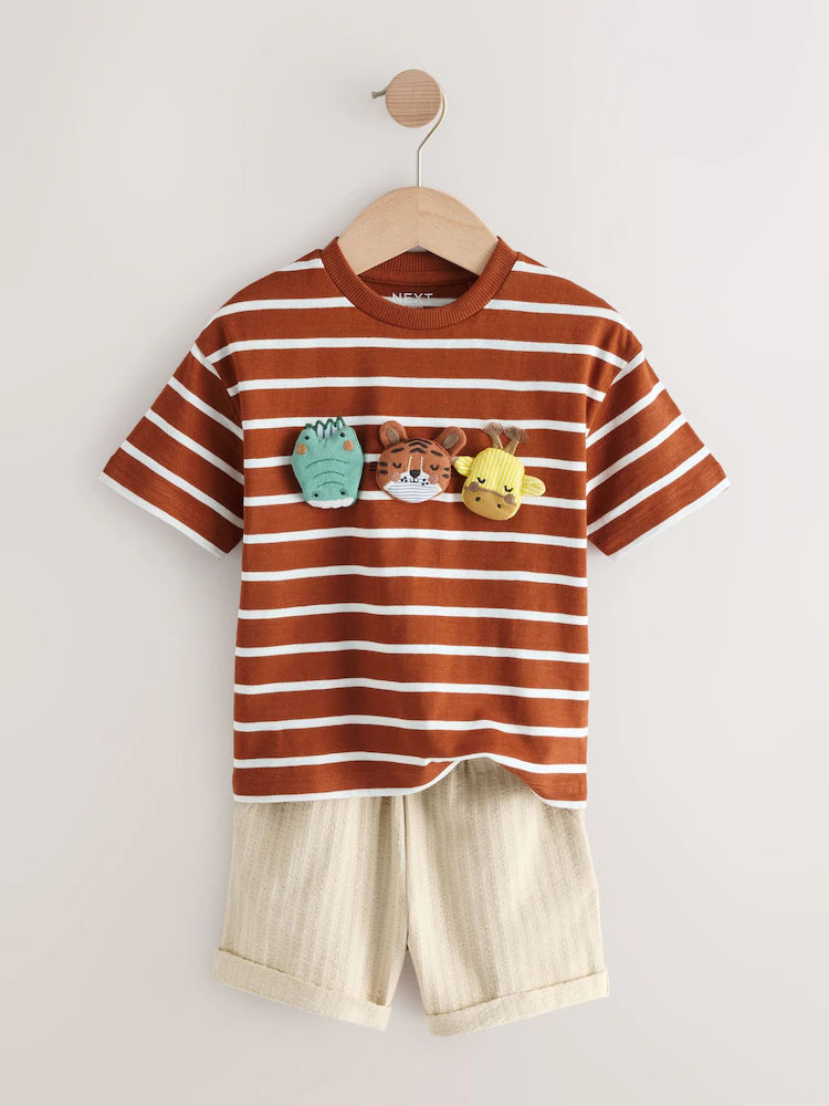 |Boy| Conjunto De Camiseta De Manga Curta e Shorts Acolchoados Com Estampa De Animais Em Listras Marrom Ferrugem (3 meses a 7 anos)