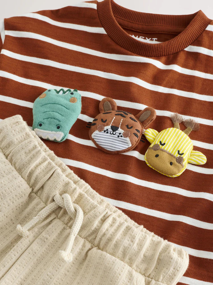 |Boy| Conjunto De Camiseta De Manga Curta e Shorts Acolchoados Com Estampa De Animais Em Listras Marrom Ferrugem (3 meses a 7 anos)