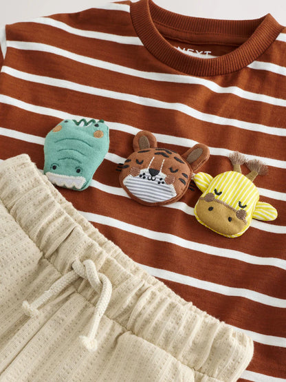 |Boy| Conjunto De Camiseta De Manga Curta e Shorts Acolchoados Com Estampa De Animais Em Listras Marrom Ferrugem (3 meses a 7 anos)