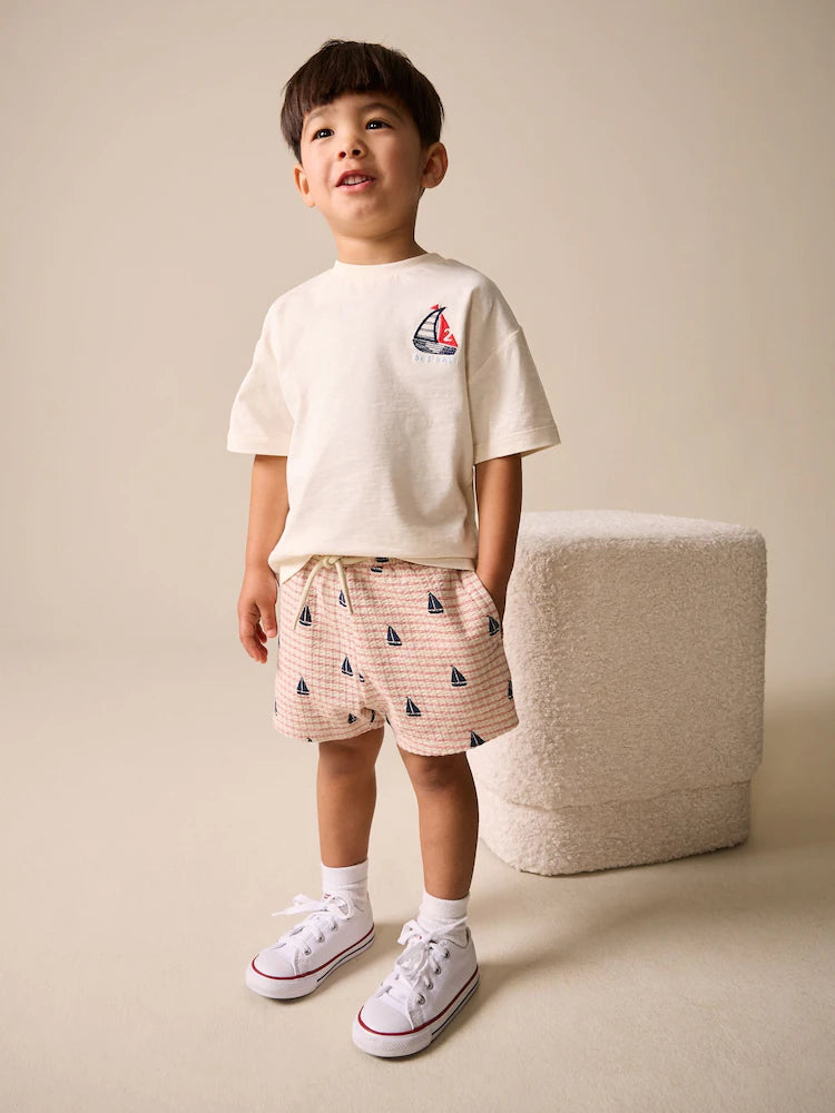 |Boy| Conjunto De Camiseta De Manga Curta e Shorts Com Bordado De Barco Branco (3 meses a 7 anos)