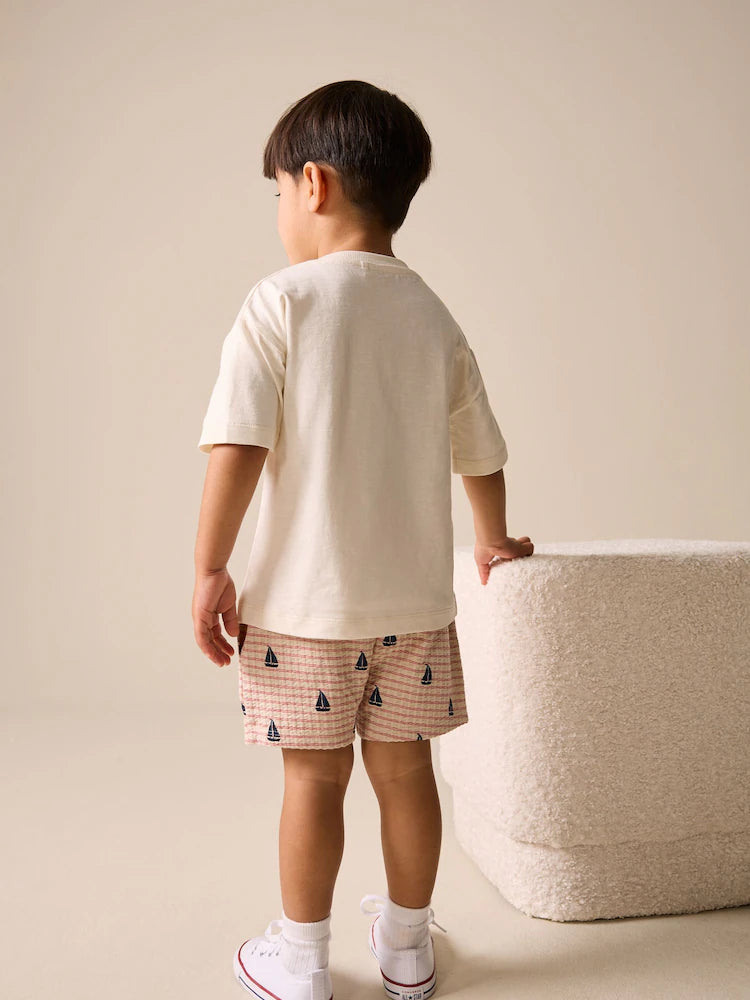 |Boy| Conjunto De Camiseta De Manga Curta e Shorts Com Bordado De Barco Branco (3 meses a 7 anos)