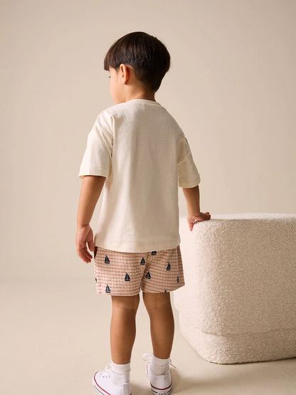 |Boy| Conjunto De Camiseta De Manga Curta e Shorts Com Bordado De Barco Branco (3 meses a 7 anos)