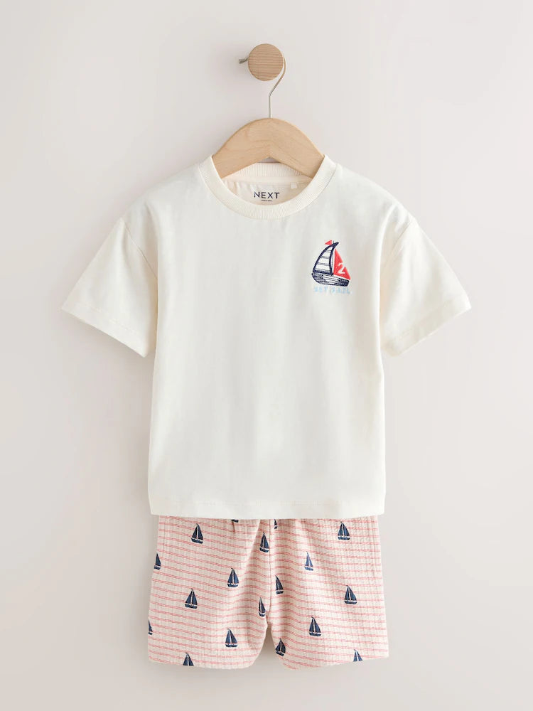 |Boy| Conjunto De Camiseta De Manga Curta e Shorts Com Bordado De Barco Branco (3 meses a 7 anos)