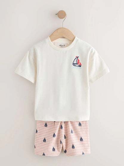 |Boy| Conjunto De Camiseta De Manga Curta e Shorts Com Bordado De Barco Branco (3 meses a 7 anos)