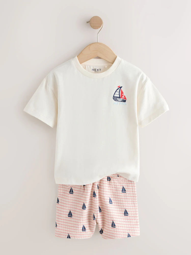|Boy| Conjunto De Camiseta De Manga Curta e Shorts Com Bordado De Barco Branco (3 meses a 7 anos)
