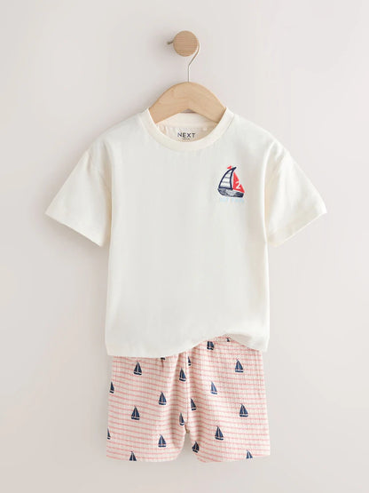|Boy| Conjunto De Camiseta De Manga Curta e Shorts Com Bordado De Barco Branco (3 meses a 7 anos)