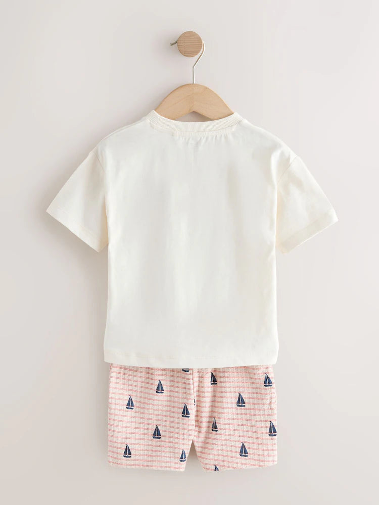 |Boy| Conjunto De Camiseta De Manga Curta e Shorts Com Bordado De Barco Branco (3 meses a 7 anos)