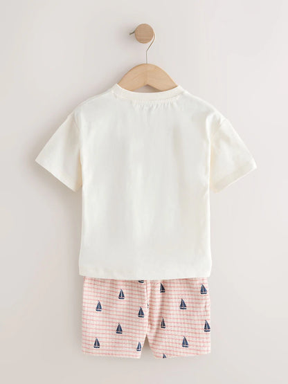 |Boy| Conjunto De Camiseta De Manga Curta e Shorts Com Bordado De Barco Branco (3 meses a 7 anos)