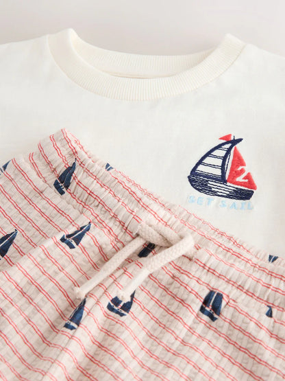 |Boy| Conjunto De Camiseta De Manga Curta e Shorts Com Bordado De Barco Branco (3 meses a 7 anos)