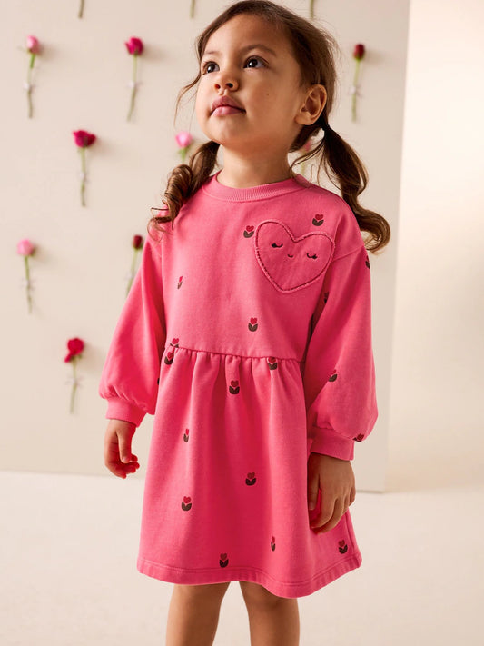|Girl| Vestido de Moletom de Manga Longa com Estampa de Corações Rosa (3 meses a 7 anos)