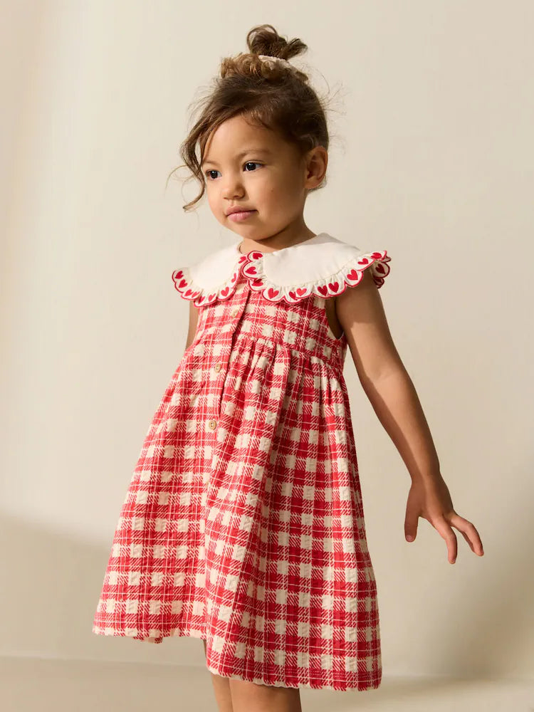 |Girl| Vestido De Verão Xadrez Vermelho Com Gola (3 meses a 7 anos)