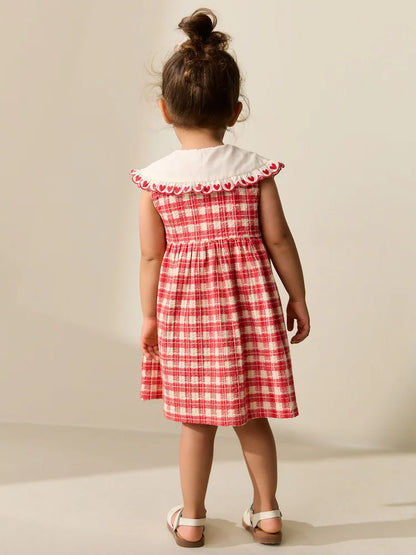 |Girl| Vestido De Verão Xadrez Vermelho Com Gola (3 meses a 7 anos)