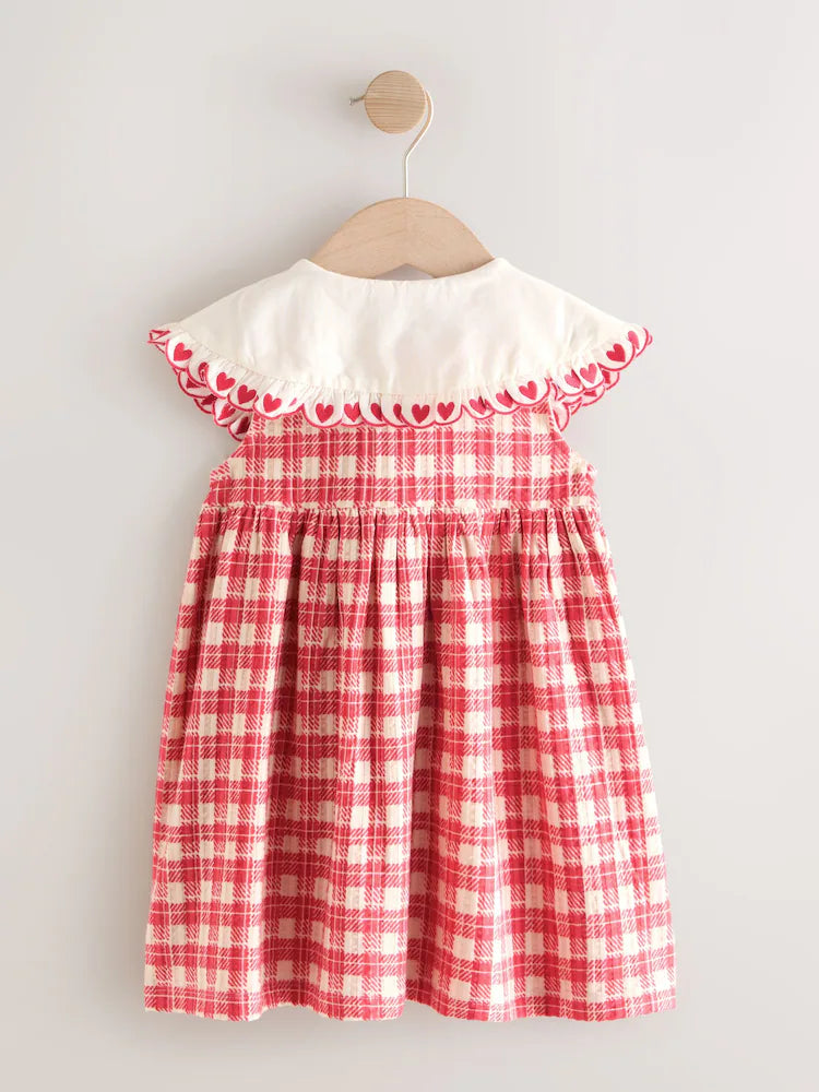 |Girl| Vestido De Verão Xadrez Vermelho Com Gola (3 meses a 7 anos)