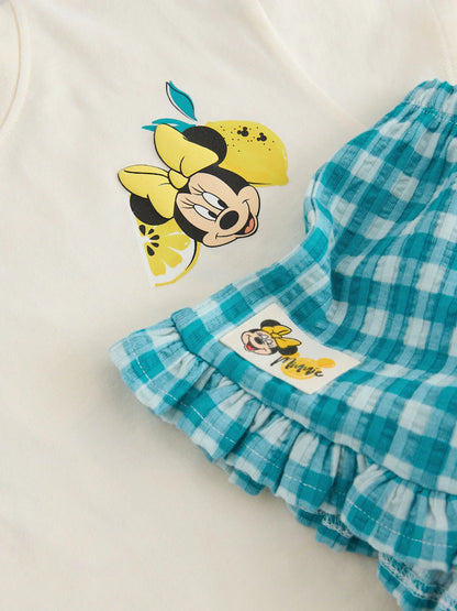 |Girl| Conjunto De Blusa De Manga Curta e Shorts Disney Minnie e Mickey – Branco Cru (3 meses a 7 anos)