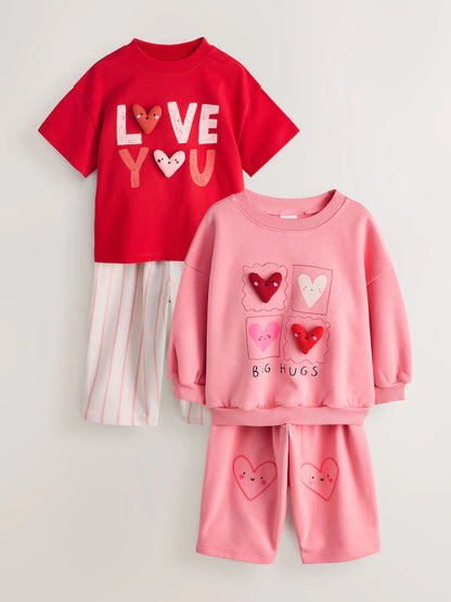 |Girl| Conjunto De Blusa e Calça Com Estampa De Corações Rosa (2 peças, tamanhos de 3 meses a 7 anos)